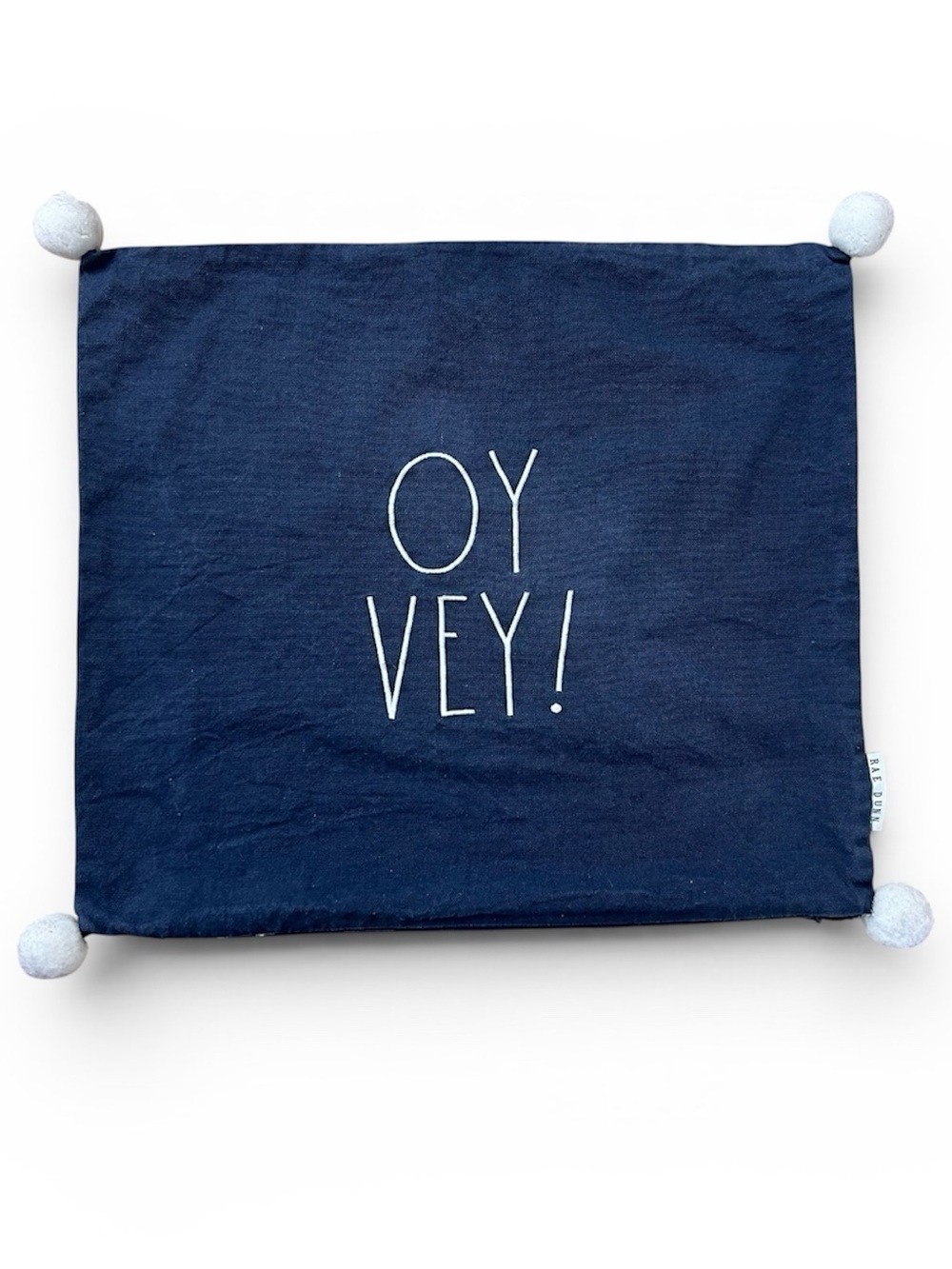 Rae Dunn OY VEY! Embroidered Blue & White Square Pillow Sham Pom Pom 19x16.5”